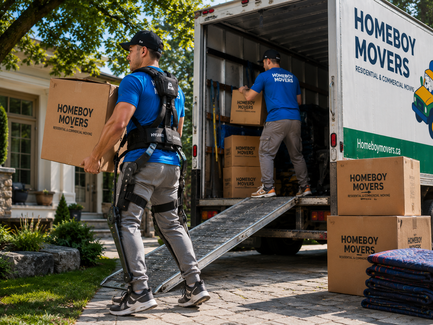 Concept of a Homeboy Movers crew member using exoskeleton assistance to lift safely
