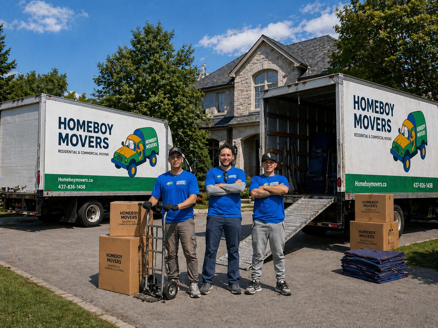 The Homeboy Movers crew standing in front of two branded moving trucks at a residential move